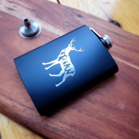 Deer Laser Engraved Black Flask